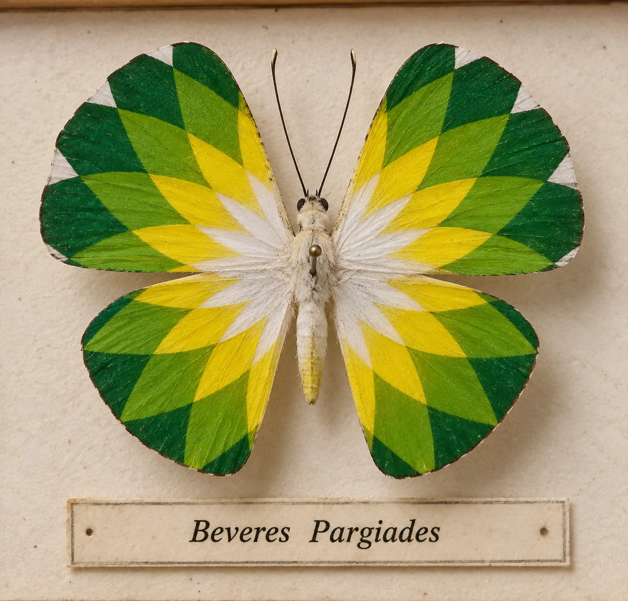 A pinned butterfly with green and yellow wings patterned after the BP logo.