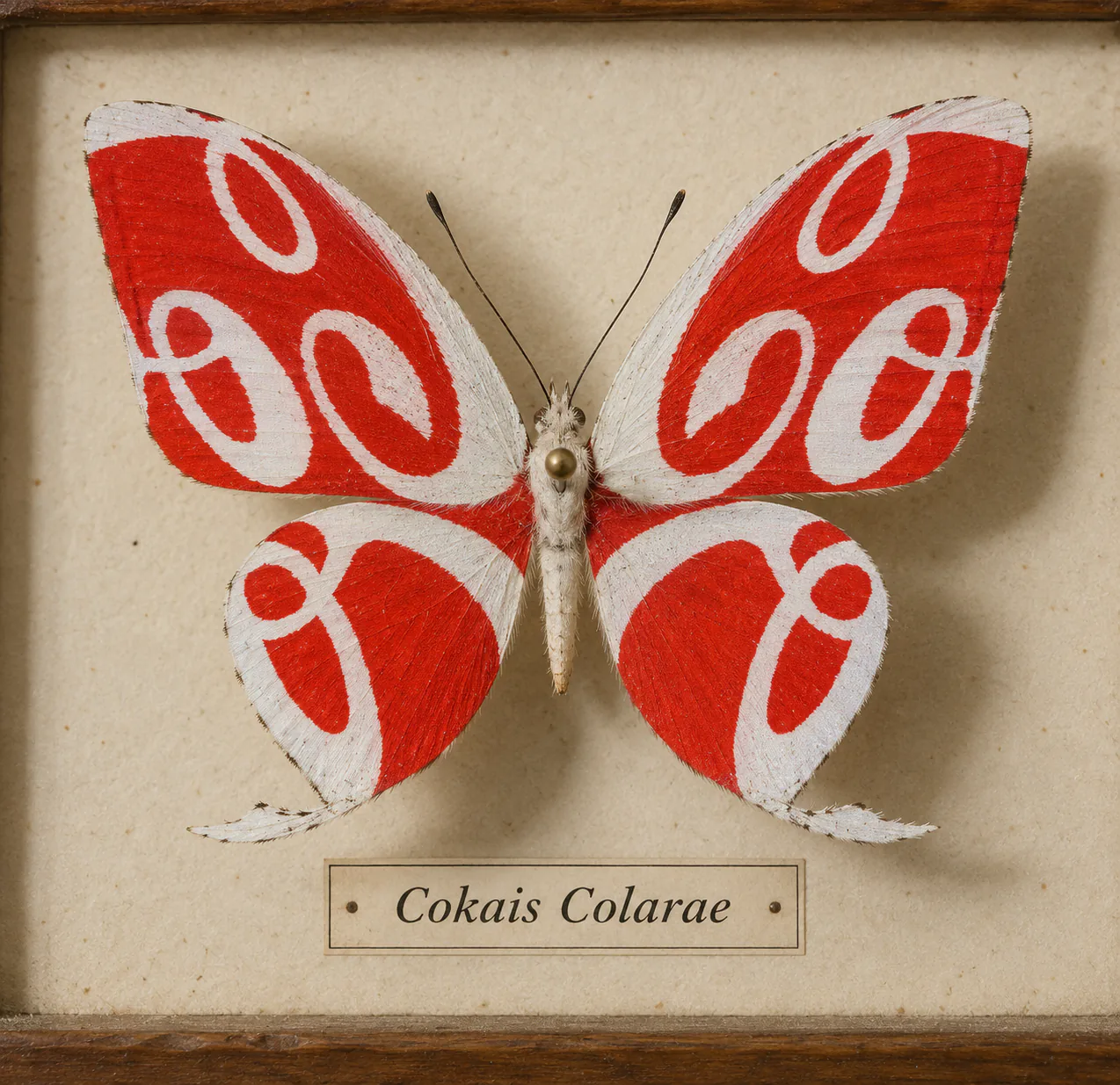 A pinned butterfly with red wings and white lettering patterned after the Coca-Cola logo.