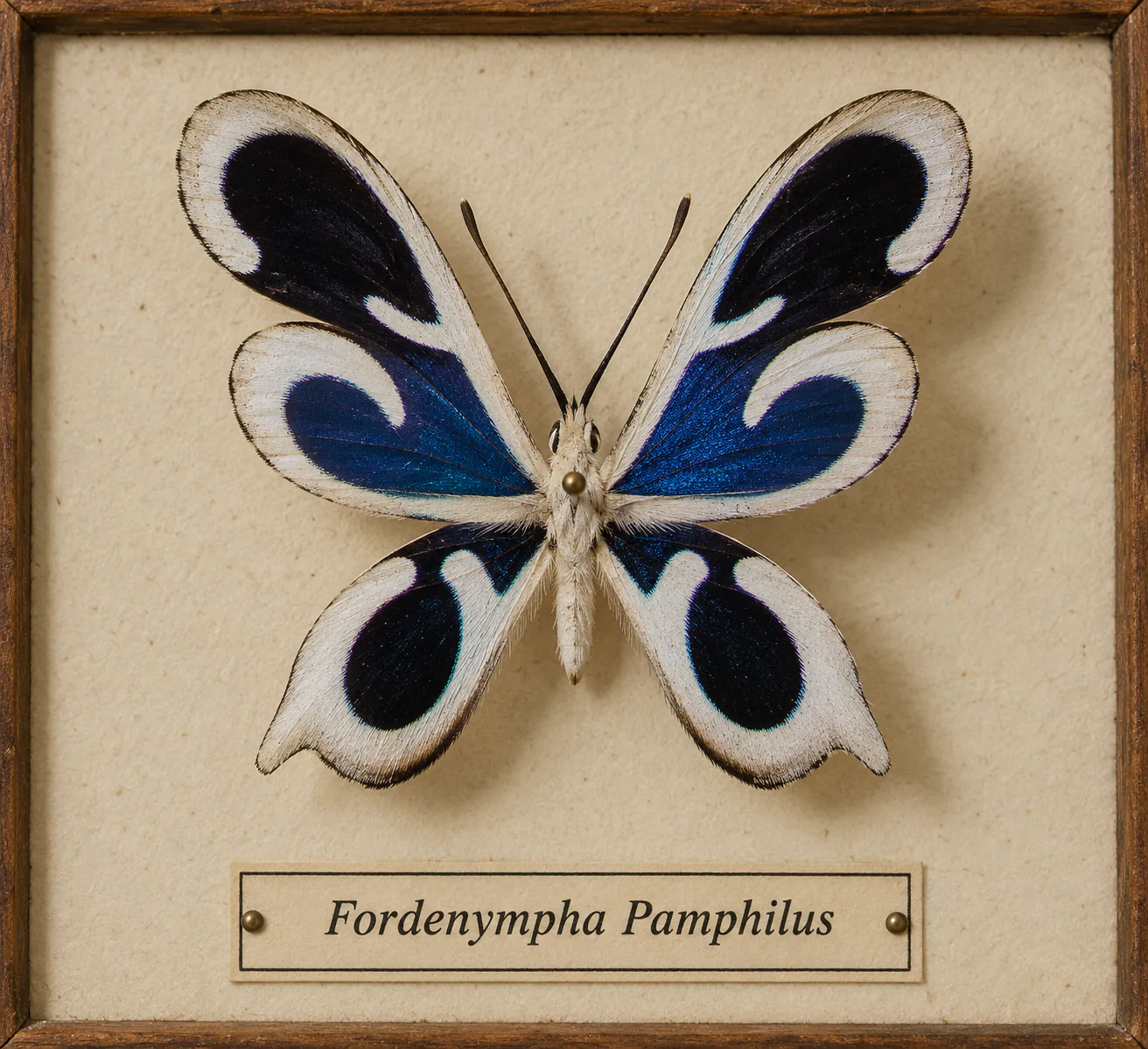 A framed butterfly with iridescent blue, black, and white wings inspired by the Ford logo.
