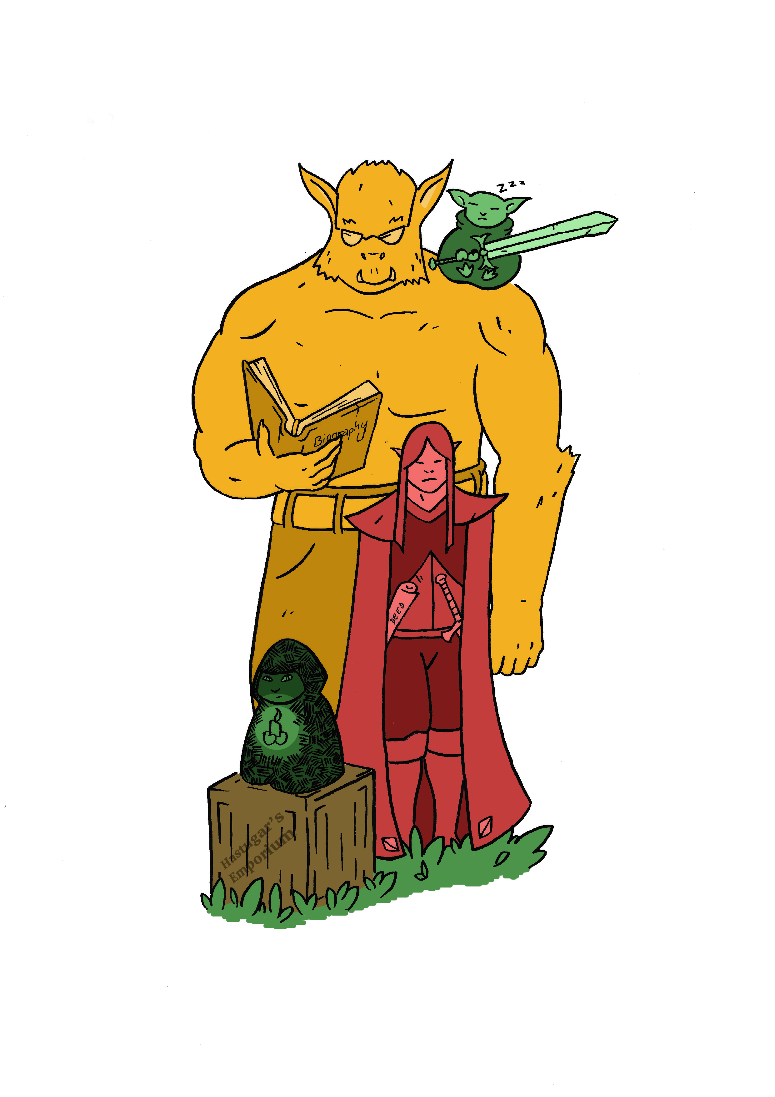 The Goblingeddon party — an ogre, a sleeping goblin, an elf rogue, and a hooded goblin on a crate