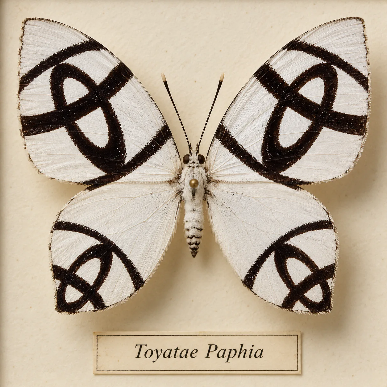A pinned butterfly with white wings and black loops patterned after the Toyota logo.